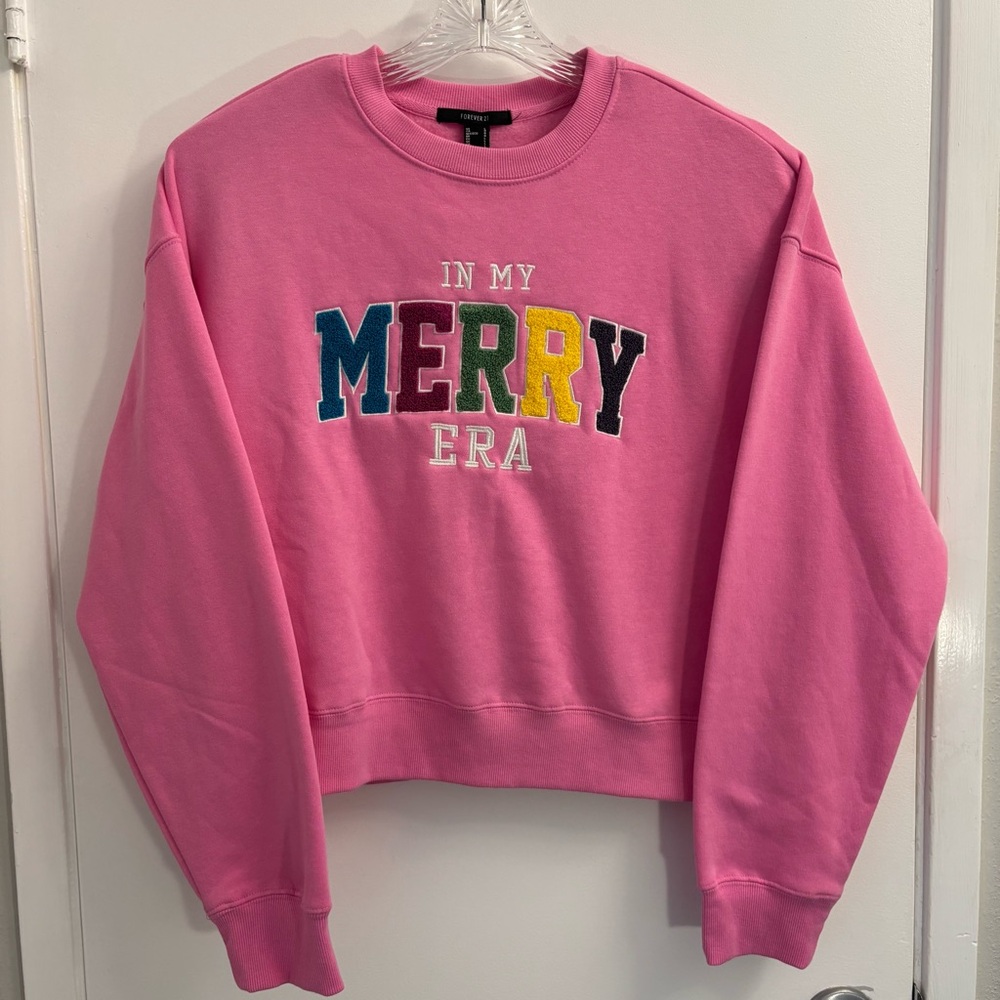 Forever 21 In My Merry Era Pink Cropped Sweatshirt Large‎ Christmas Holidays NEW